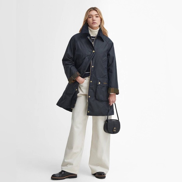 NEW! BARBOUR size 6 US Beadnell Long Wax Jacket Navy Blue Classic Tartan Gold - Picture 8 of 11